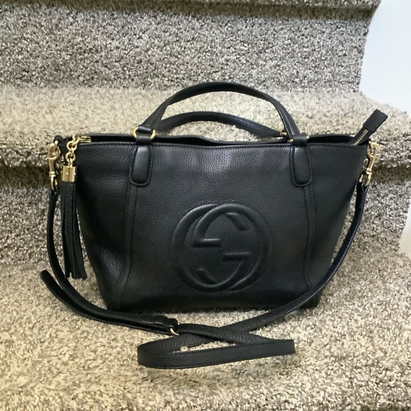 GUCCISoho Tassel Pebbled Leather Top Handle Bag 369176 Black - Picture 1 of 14